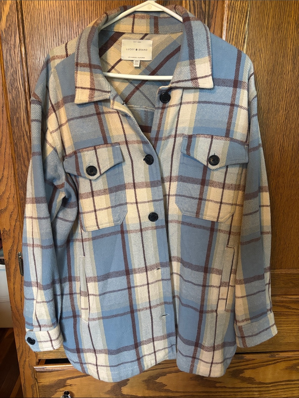 Lucky Brand Blue and Cream Plaid Utility Shacket oversized.